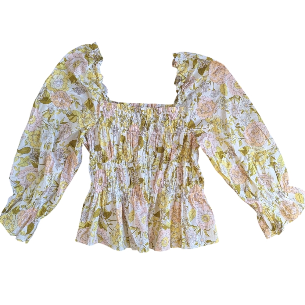 Who What Wear retro floral smocked cropped top Large Cotton